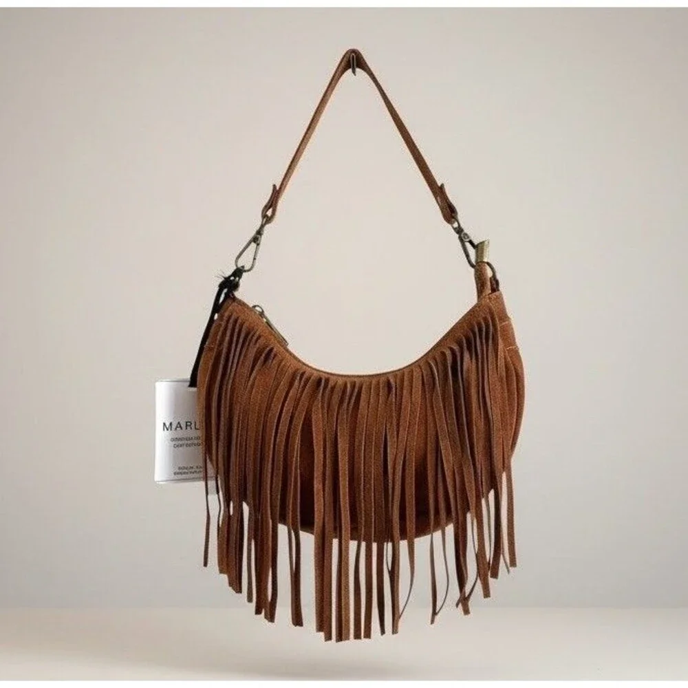 NWT Marlon Italy Suede Fringe Crescent Hobo Bag Brown Western Cowgirl Festival